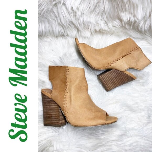 STEVE MADDEN MINGLE TAN LEATHER OPEN TOE OPEN HEEL BLOCK HEEL BOOTIE, SIZE 8 - Picture 13 of 13